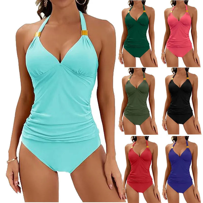 Women's red halter neck two-piece swimsuit with split-tie briefs on a neutral background.