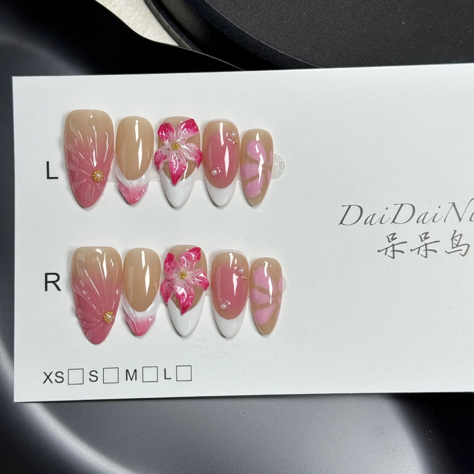 French style false nails with three-dimensional lily ice flower pattern in almond shape