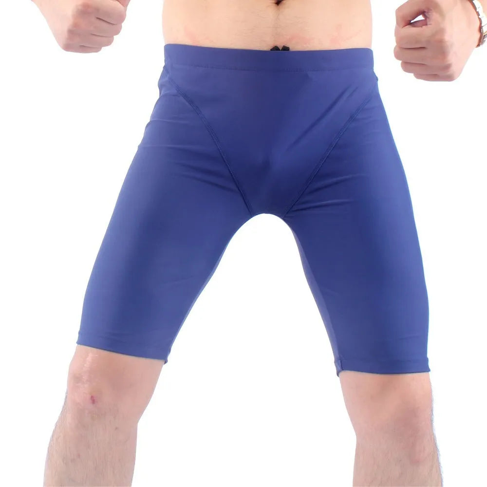 Men's quick-drying five-point swimming trunks in navy blue nylon fabric, loose fit for swimming or wading