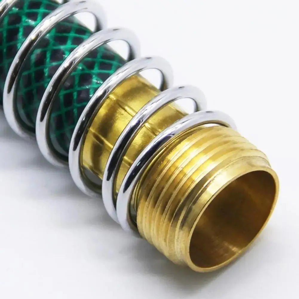 Brass spring hose connector for garden irrigation with spiral mechanism to prevent pipe wrinkles