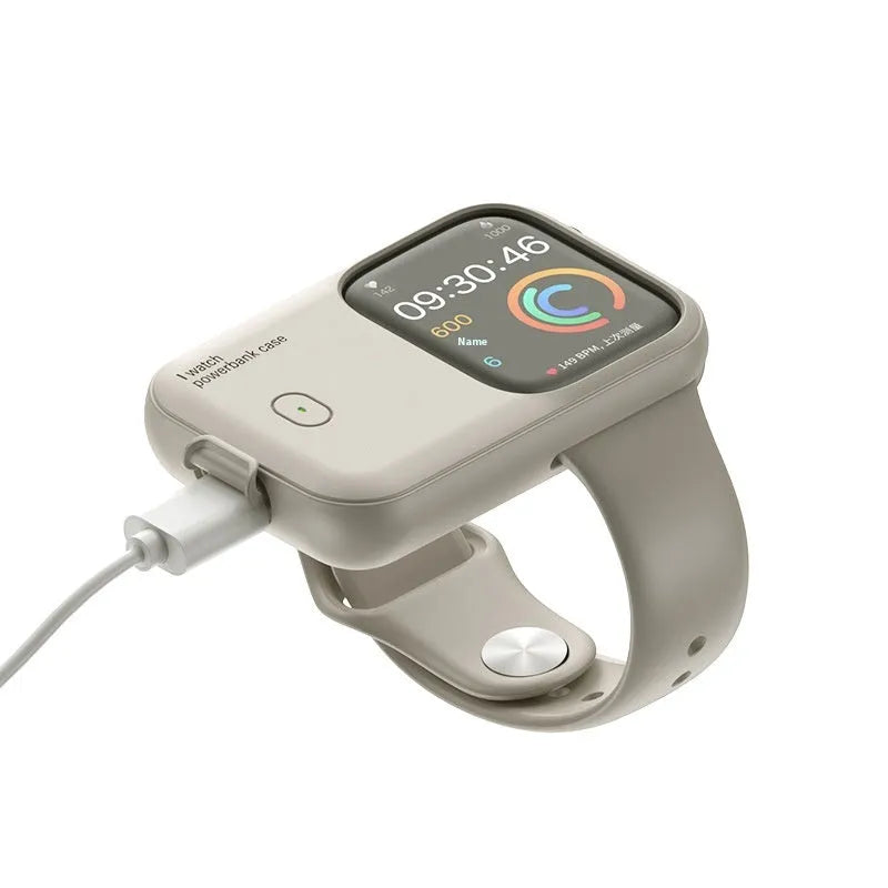 Apple Watch portable wireless charging case in brown, midnight blue, or starlight colours with 1200mAh battery