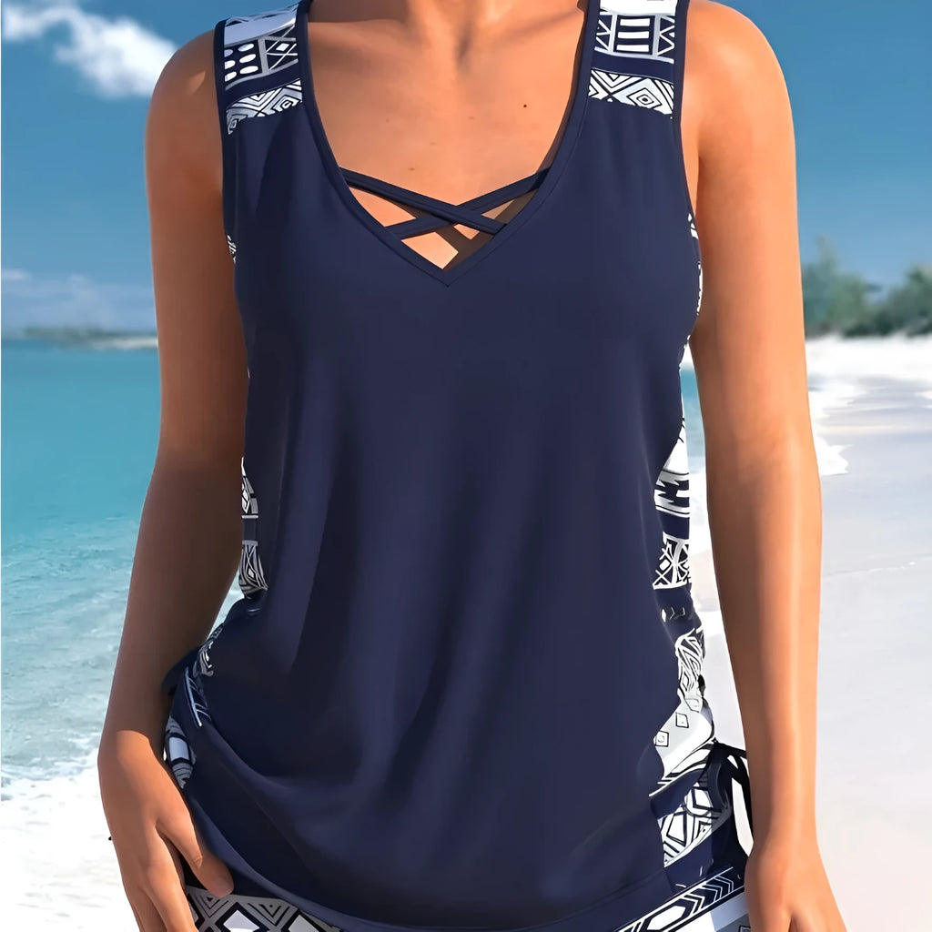 Women's polyester sleeveless conservative split swimsuit with hollow detailing in split swimsuit colour, available in sizes S M L XL XXL