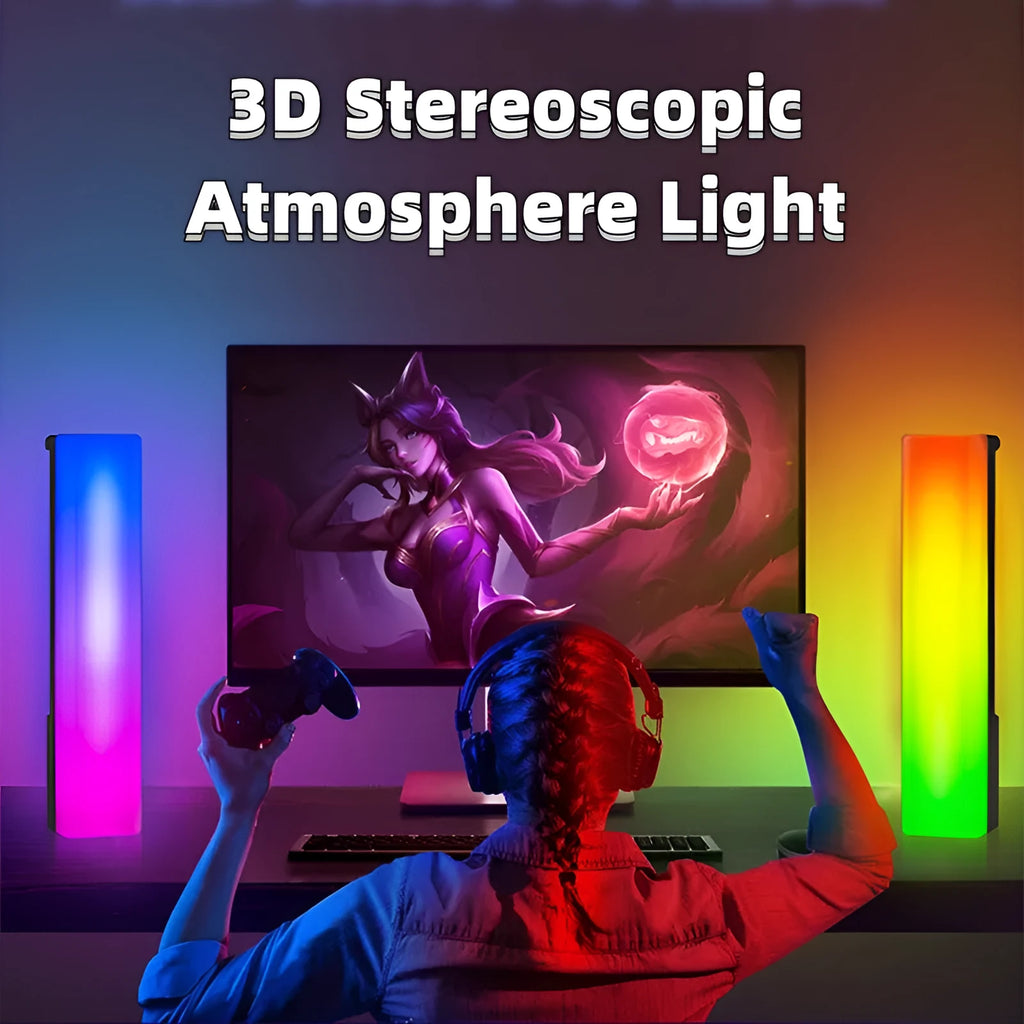 Tall 3D RGB LED ambience lamp with colourful lights on a desk, showcasing its voice-activated music rhythm mode.
