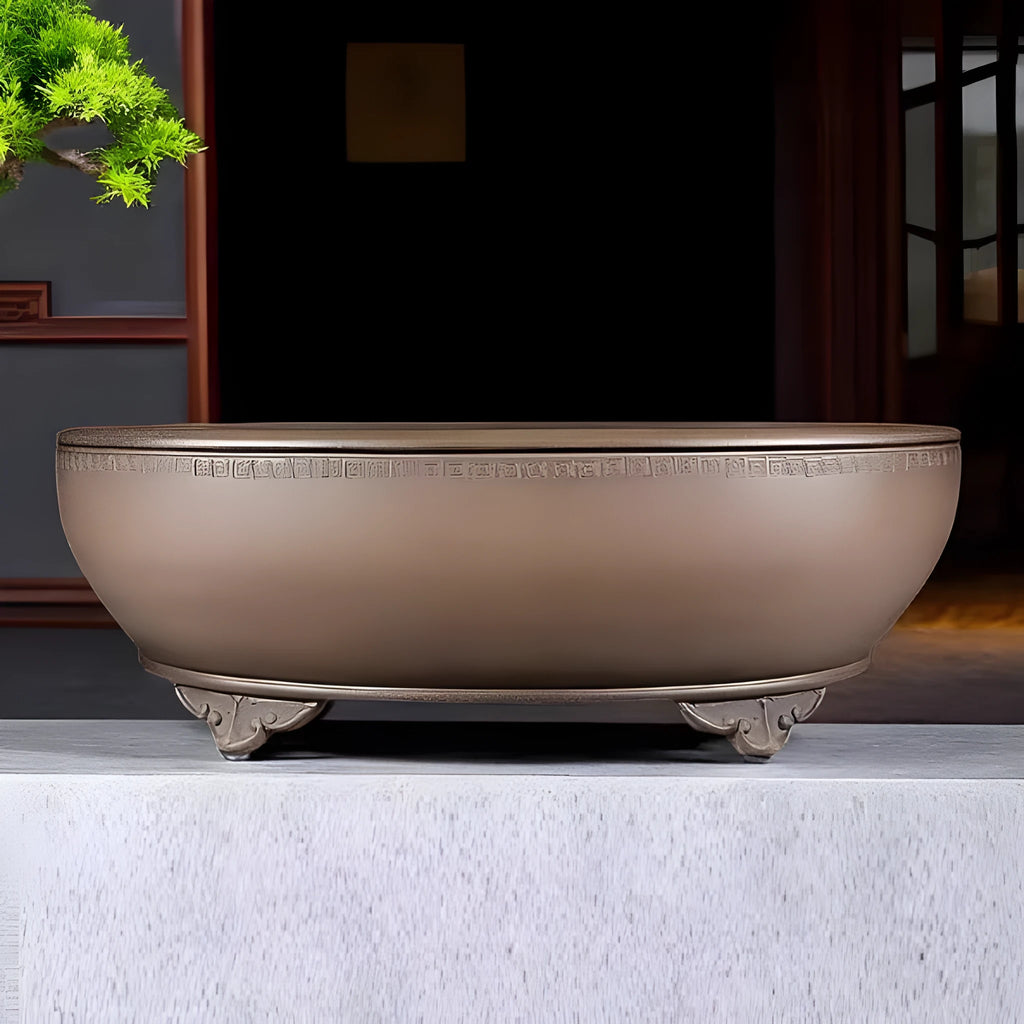 Handmade oval purple sand flowerpot with black mud green glaze, 50cm length