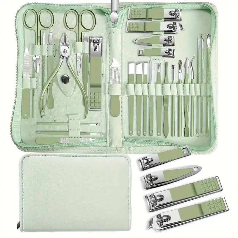 30-piece stainless steel nail beauty tool set with tools in five colour options including pink, blue, rose gold