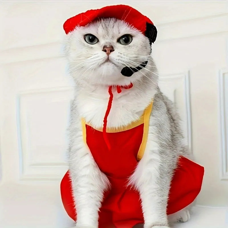 Handmade chef hat and cotton knitted sweater outfit on a small cat or dog for birthday parties.