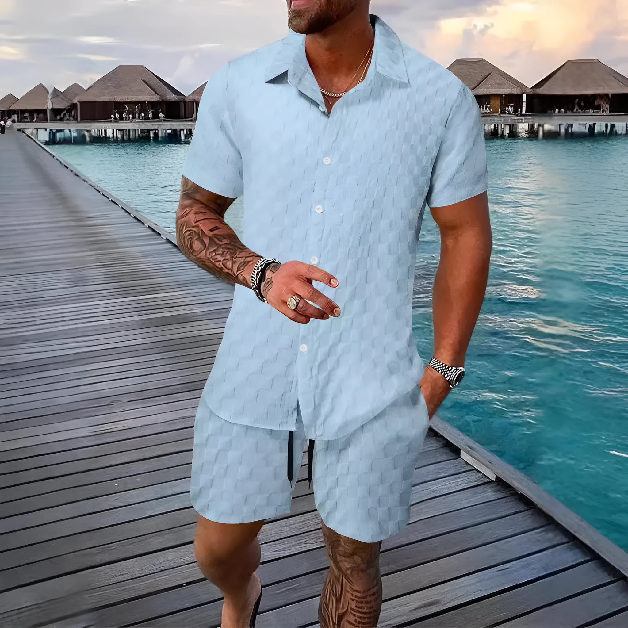 Men's chemical fibre shirt casual suit with short sleeve top and shorts in beige colour