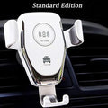 Black car wireless charger mounted on dashboard charging Apple iPhone with automatic clamp arms