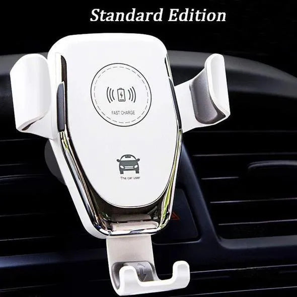 Black car wireless charger mounted on dashboard charging Apple iPhone with automatic clamp arms