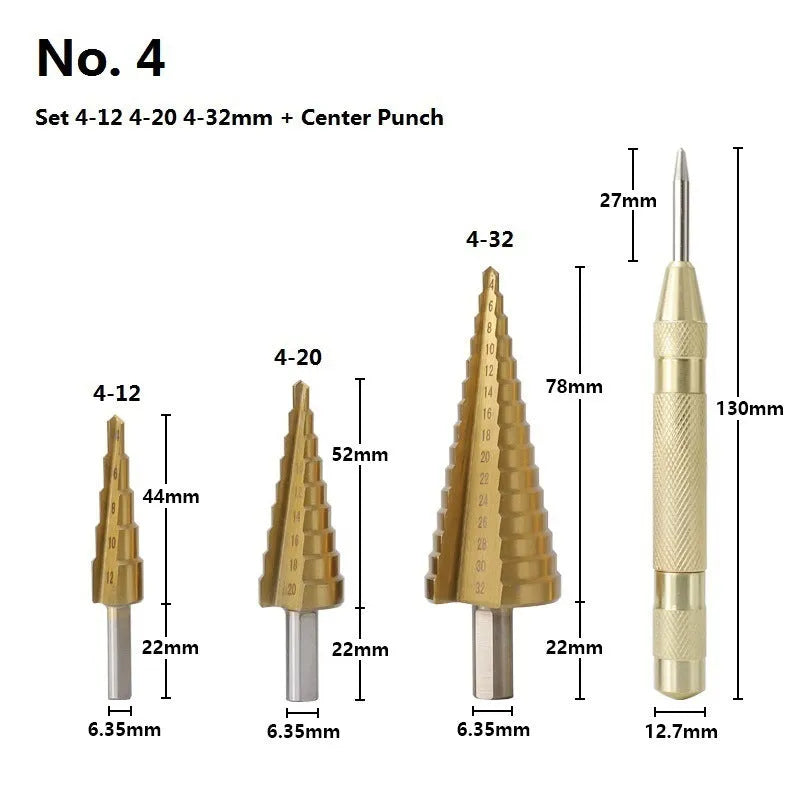 High-speed steel step drill bits and centre punch set for metalworking with colour-coded organisation