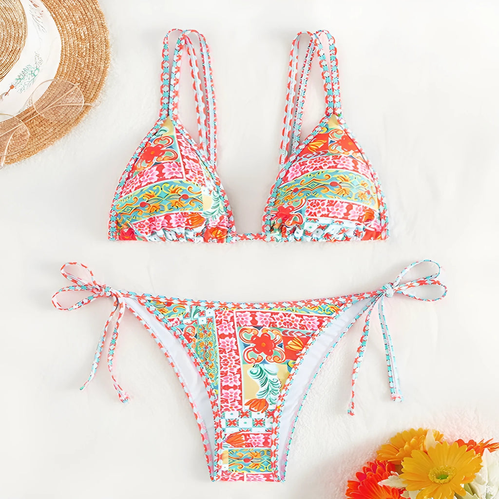 Women's lace-up split swimsuit in European American style with backless design