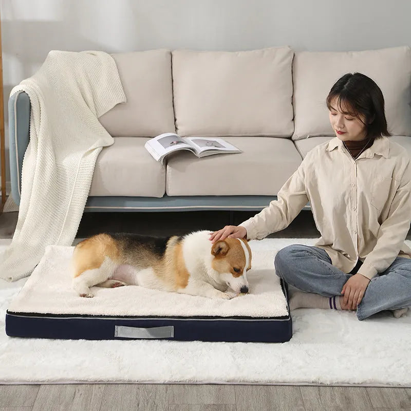 Removable washable memory sponge dog mat in brown Shu cotton velvet, shown in a 100x75cm size.
