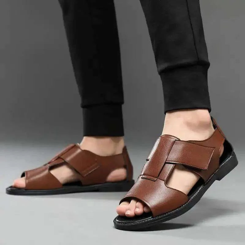 Men's black leather casual sandals with open toe design and non-slip rubber soles