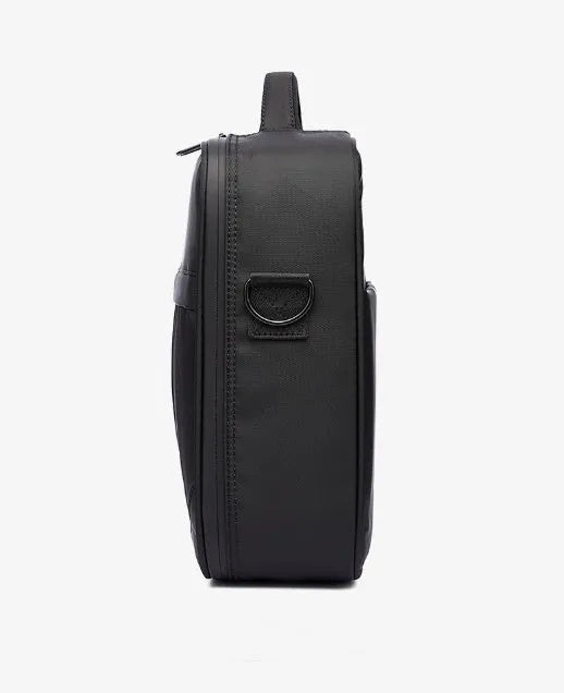Black Oxford fabric men's messenger bag with shoulder strap showing dimensions