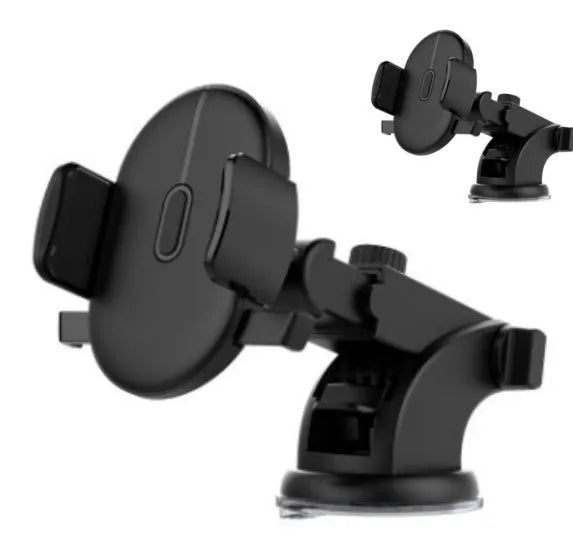 Yellow and black telescopic car phone holder with suction cup mounted on dashboard showing 360-degree rotation