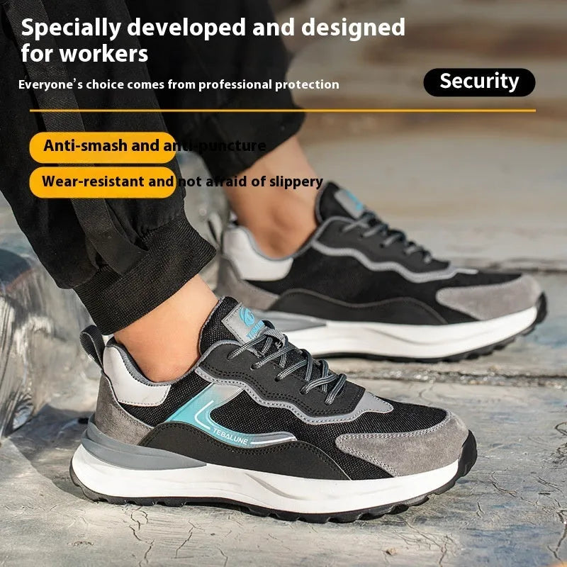 Men's low-top suede and mesh work shoes with a plastic steel toe cap and lace-up closure.