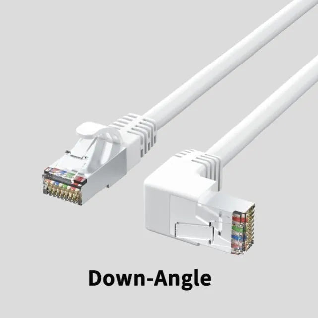 Cat6 Ethernet cable with right-angled metal RJ45 connectors in various colours including black, white, orange, and yellow.