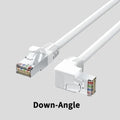 Cat6 Ethernet cable with right-angled metal RJ45 connectors in various colours including black, white, orange, and yellow.