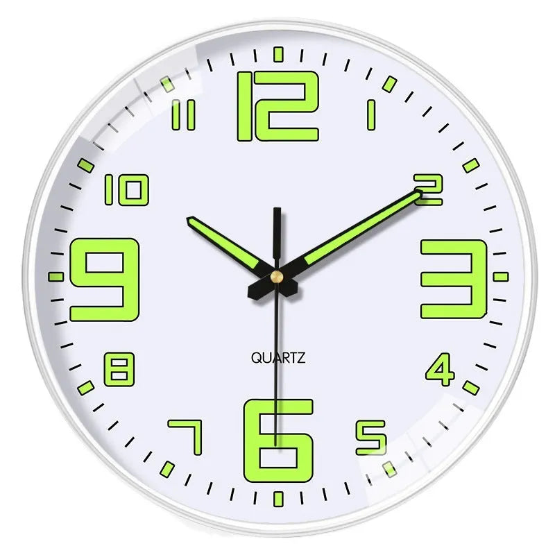 Modern 8 inch luminous wall clock with plastic shell, shown in available colours.