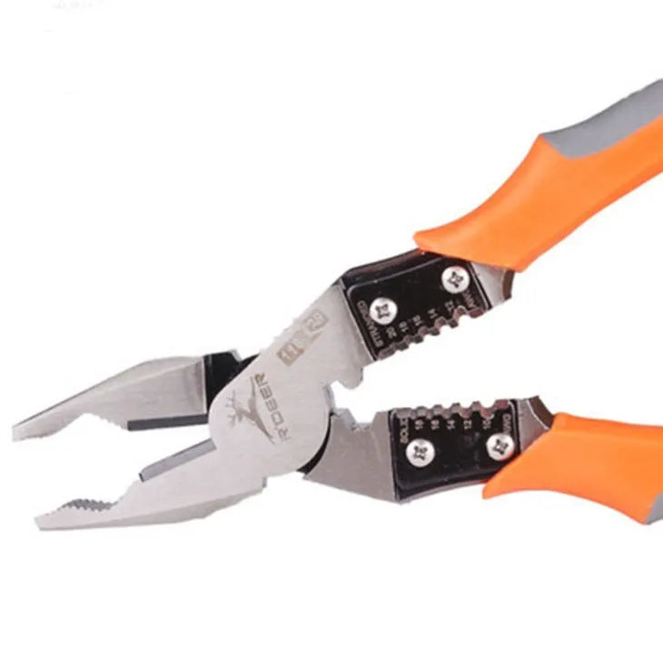 Orange-handled 9-inch multi-function wire cutter pliers with alloy steel clamp head.