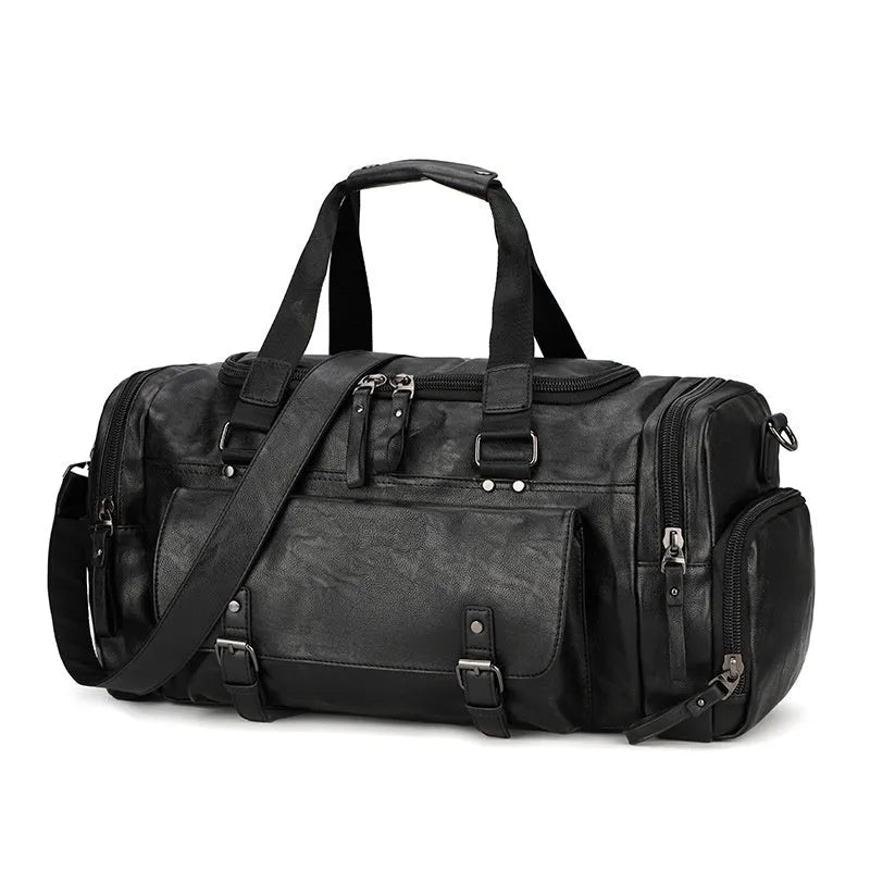 Large black travel bag with separate shoe compartment showing dimensions 52cm by 19cm by 27cm