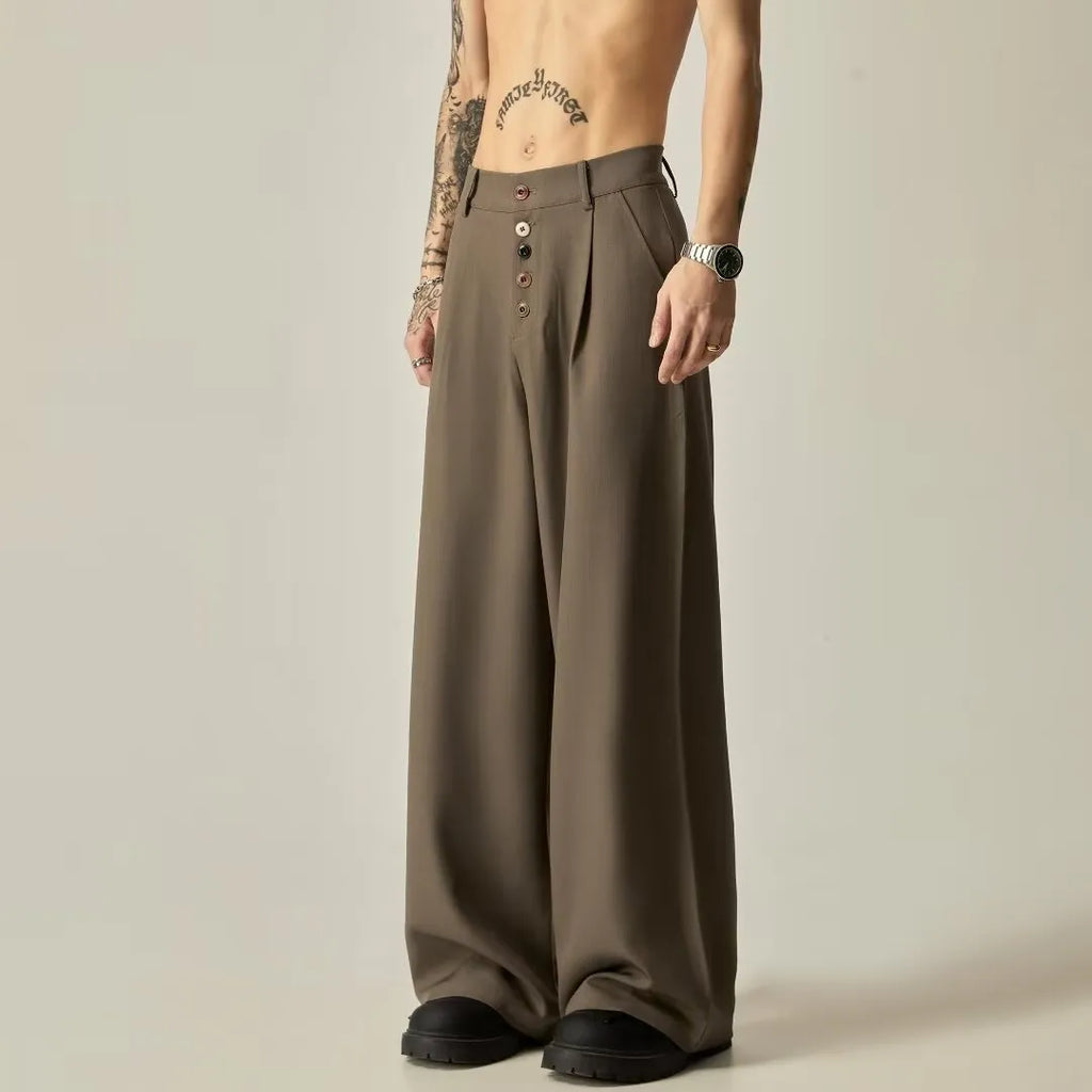 Men's black wide-leg casual trousers with straight-leg design and micro-elastic waist