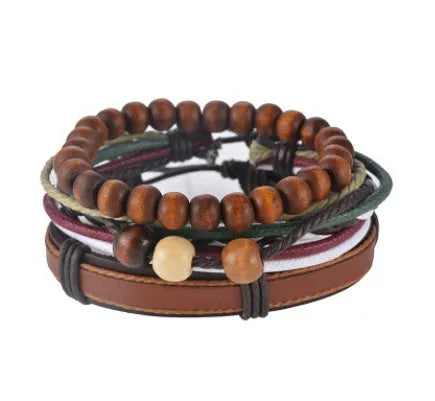 Hand-woven leather bracelet with wooden beads and adjustable closure in punk style