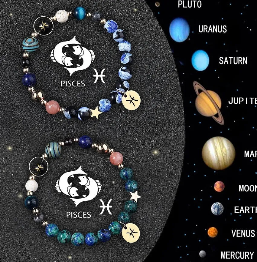 Set of two natural stone beaded bracelets featuring Chinese zodiac signs on elasticated cords.