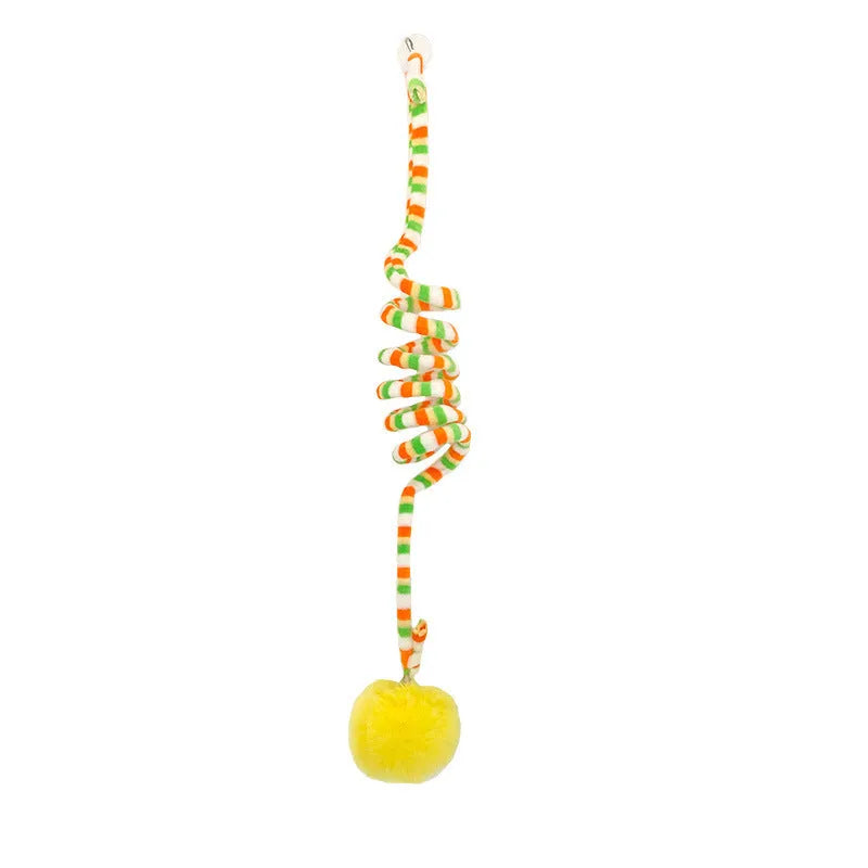 Hanging cat toy with suction cup, spring-mounted bell stick, and inflatable ball in multiple colour options