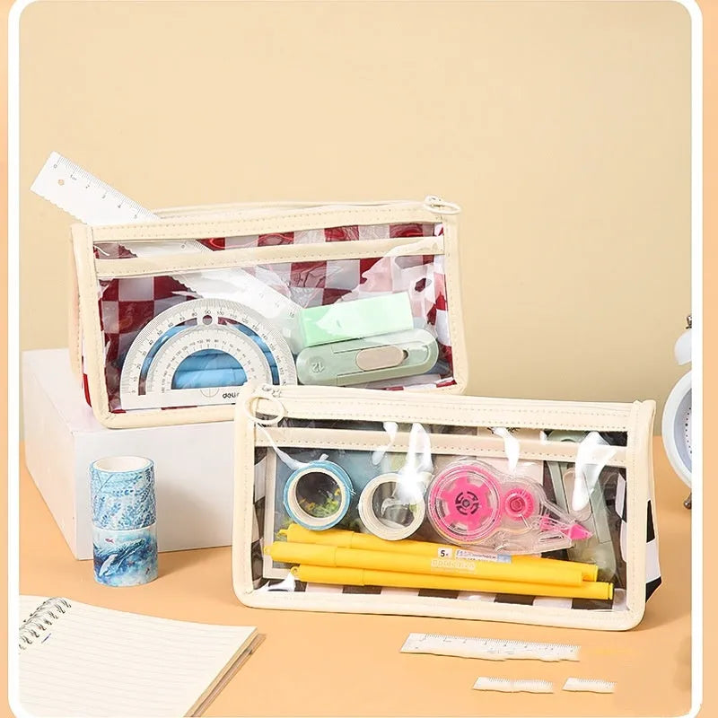 Transparent PVC pencil case with chessboard pattern measuring 21.5cm