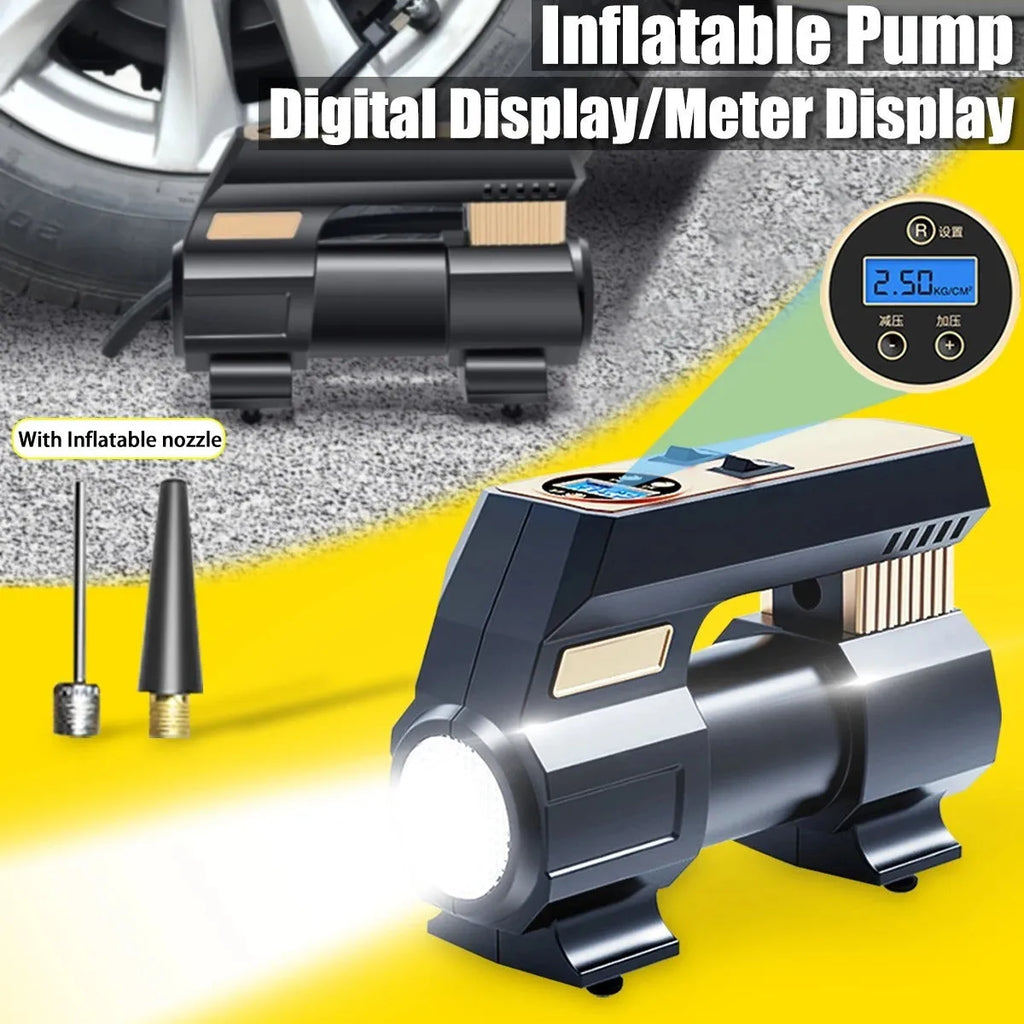 120W 12V car air pump with digital display, 60cm tube, and 300cm power cord on a dark background