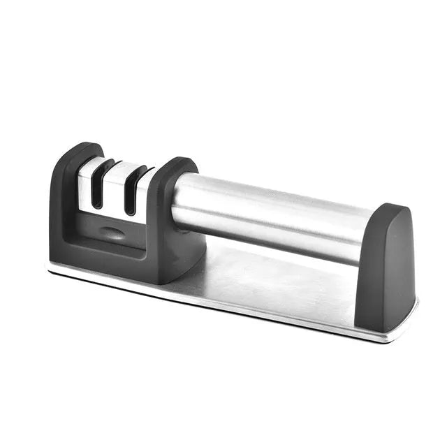 Black hand-held ABS kitchen knife sharpener on a white background.