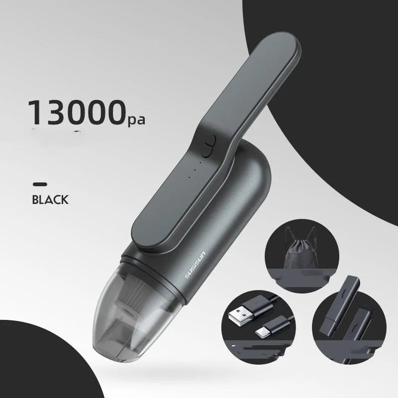 Green handheld car mini vacuum cleaner with UV lamp, 130mbar suction, wireless USB rechargeable, ABS body