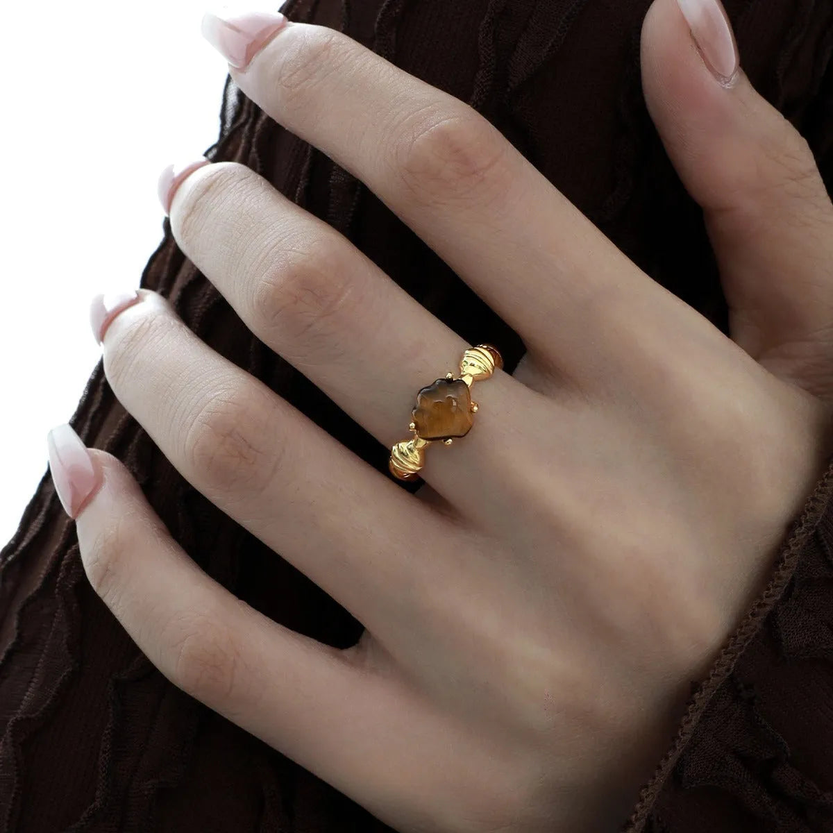 Adjustable silver ring with carved shell tiger eye motif in white gold or 18K gold electroplating
