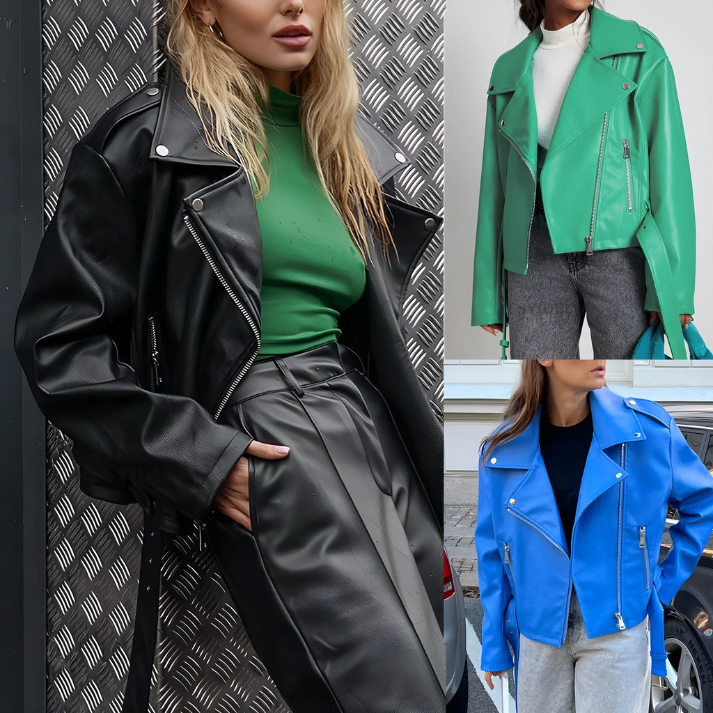 Punk style leather jacket in polyester fabric with locomotive design and Peter Pan collar