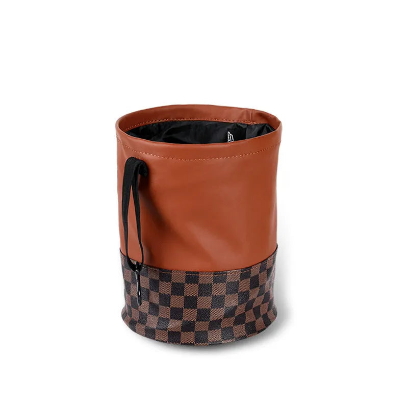 Black retractable leather car trash can with folding design and carry handle