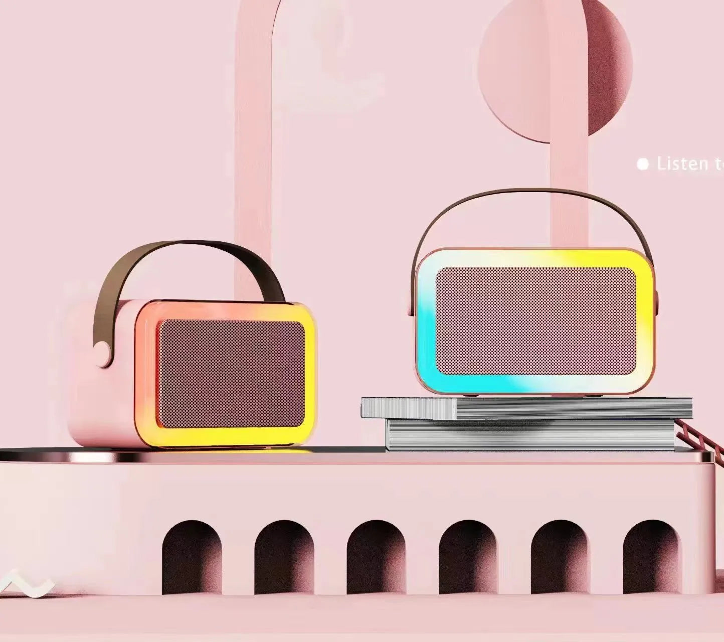 Portable Bluetooth karaoke microphone with colourful LED lights in pink, sky blue, or white colour options