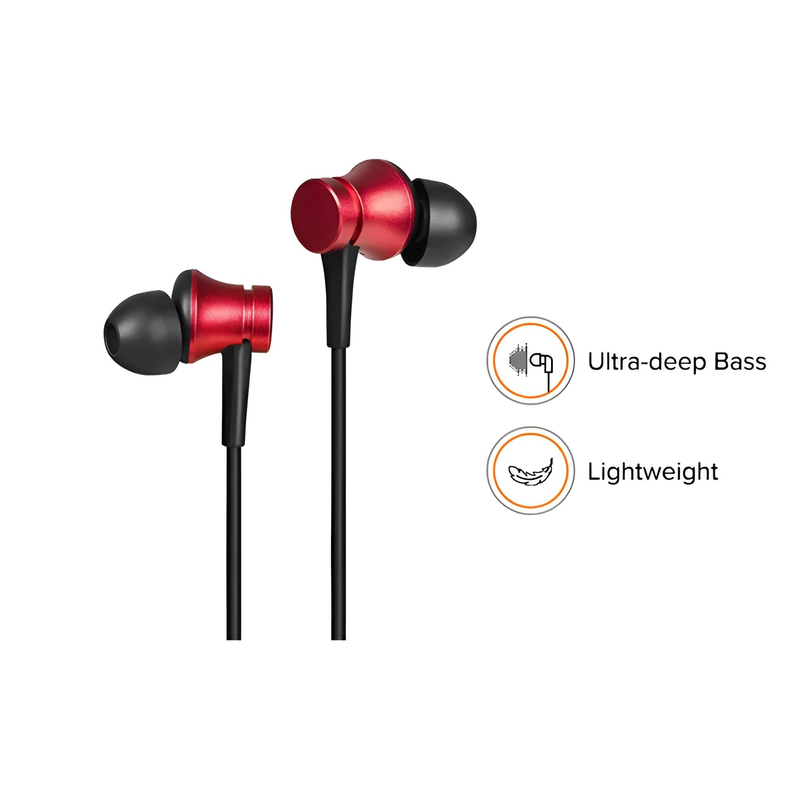 Piston wired in-ear headphones with 3.5mm plug in black, blue and red colour options.
