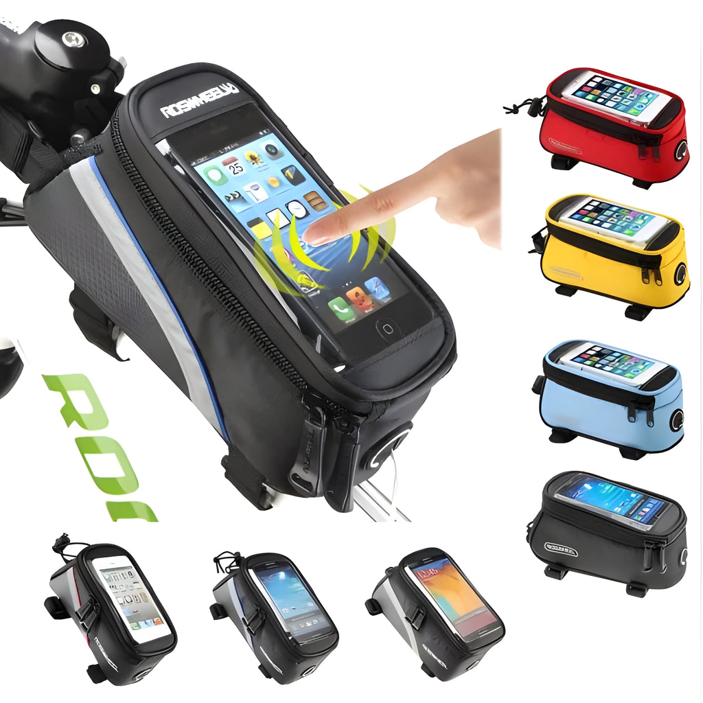 ROSWHEEL PVC bicycle frame phone bag in black mounted on bike frame showing iPhone compatibility