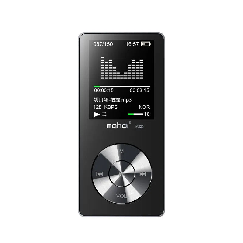 Gold, silver, or black metal portable MP3 player with a 1.8-inch screen showing a music menu.