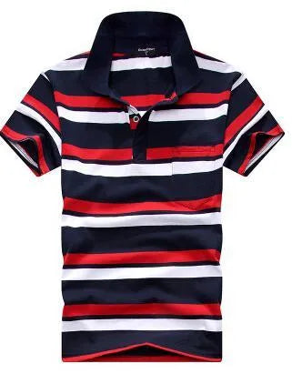 Men's striped short sleeved T-shirt with real pocket in loose fit, front view