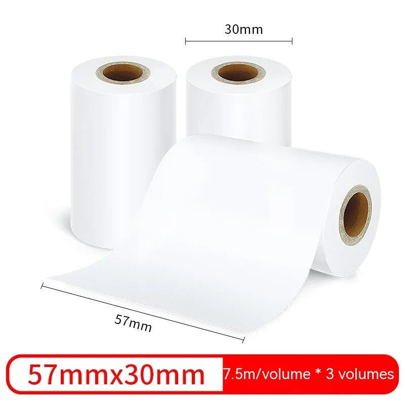 Box of three rolls of 57mm wide blank thermal paper for small printers.