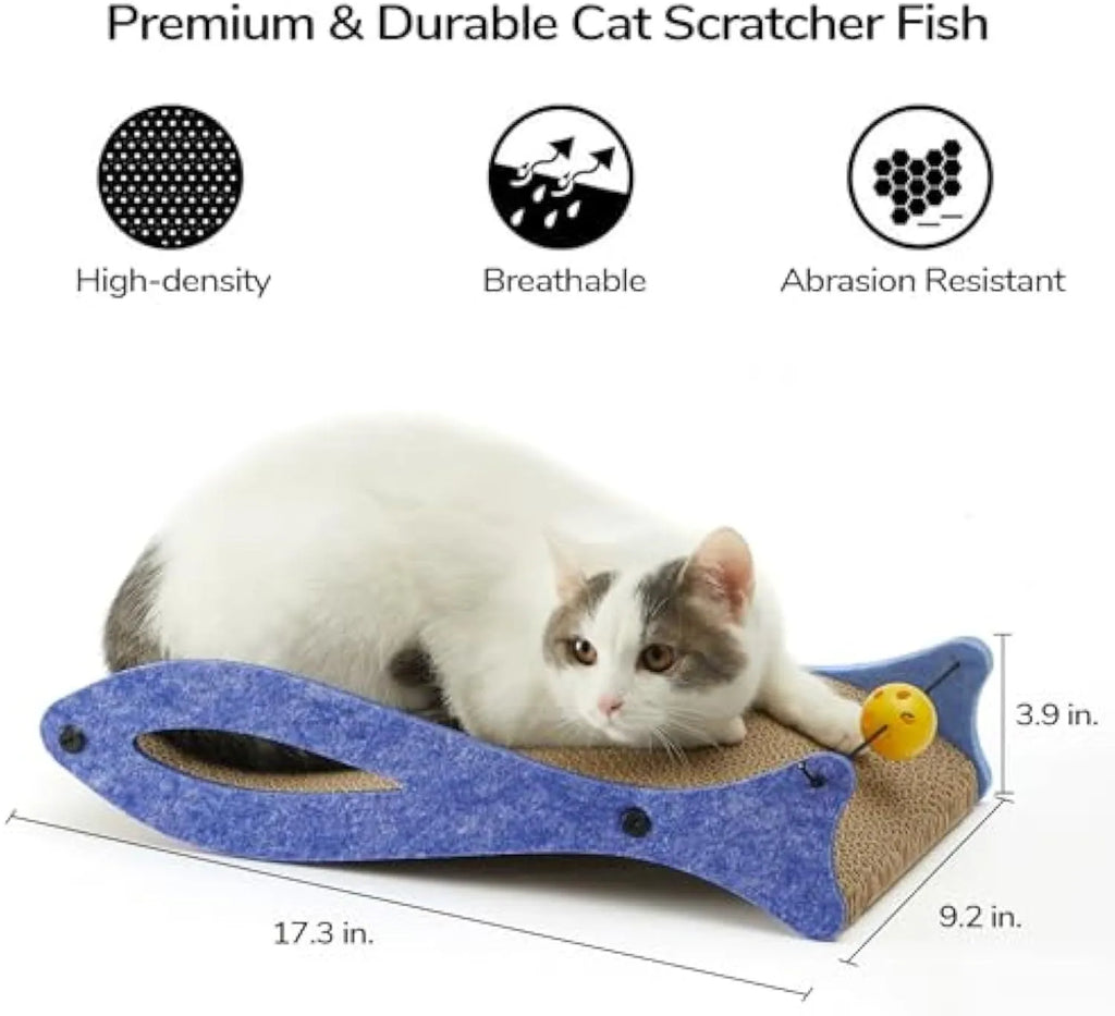 Blue fish-shaped cat scratcher with wavy lounge design and hanging bell ball toy for indoor feline enrichment