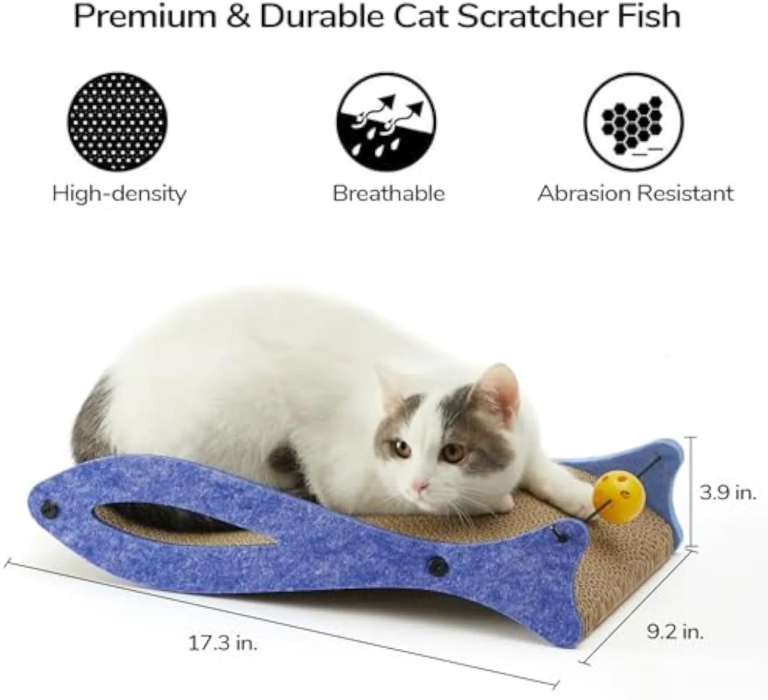 Blue fish-shaped cat scratcher with wavy lounge design and hanging bell ball toy for indoor feline enrichment