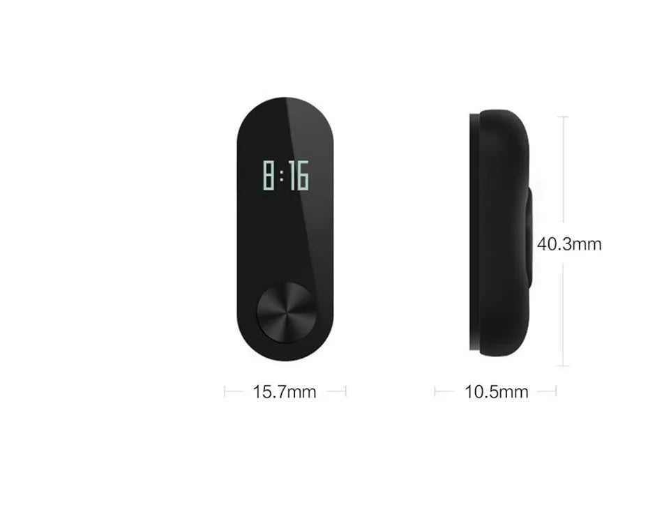 Black Xiaomi Mi Band 2 fitness tracker on wrist showing OLED screen with heart rate and step count.