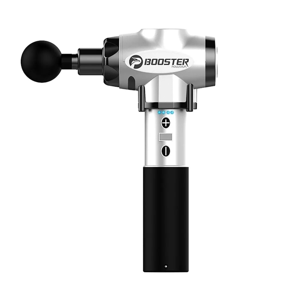 Black and white deep tissue massage gun with adjustable speed settings on display.