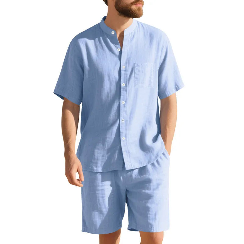 Men's linen blend summer suit with Henry collar, short sleeves and matching shorts in army green