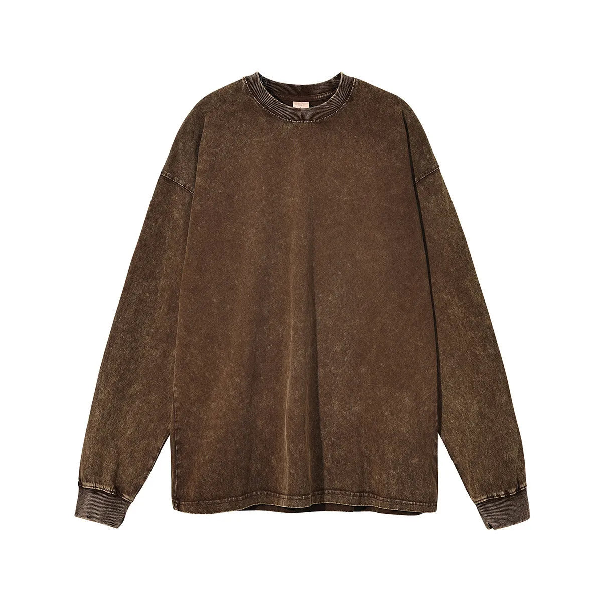 Man wearing a washed vintage style loose long sleeve cotton pullover shirt in a batik colour.