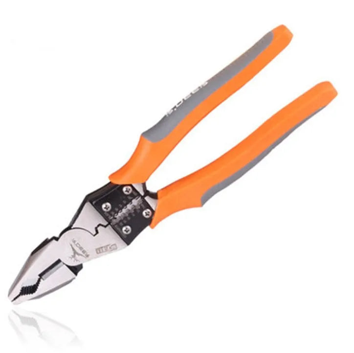 Orange-handled 9-inch multi-function wire cutter pliers with alloy steel clamp head.