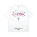 Men's black cotton t-shirt with retro printed design showing front view with short sleeves and loose fit
